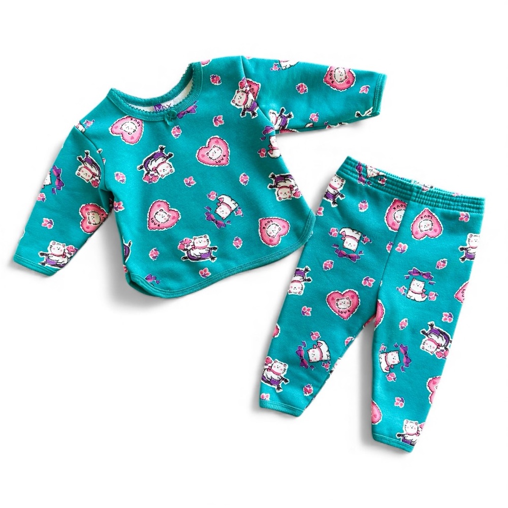 NWOT Vintage 90s Baby Girls Cat Sweatshirt Sweatpants Outfit 12M Teal Hearts